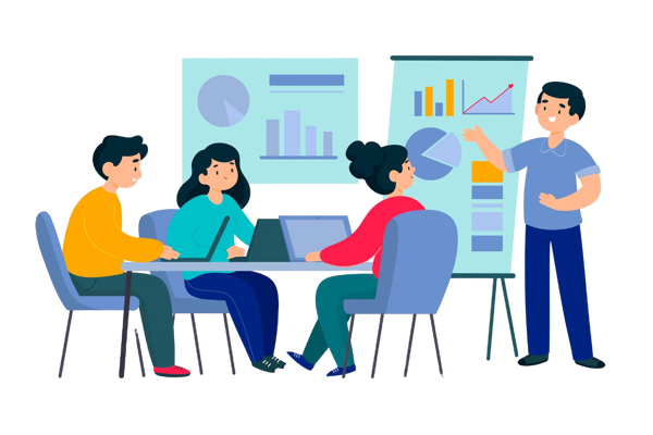 One man standing next to chart of graphs while three people sit at table looking at him