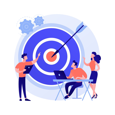 salespeople around a bullseye target with an arrow stuck in the middle