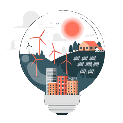 Sphere with buildings, grass and wind turbines.