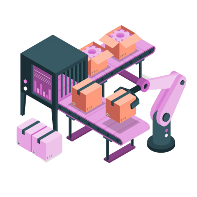 Pink automated manufacturing line with robotic arm and boxes on a conveyer belt.