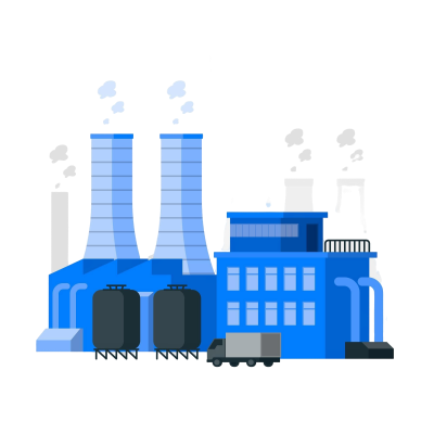 Blue factory with two smoke stacks.