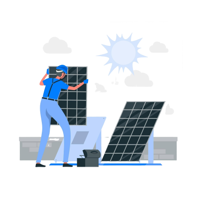 man in blue installing two black solar panels