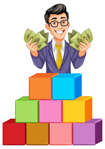 Man in suit with two hands full of cash in front of different colored boxes stacked in front of him