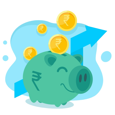 Green pig with gold coins dropping in it and blue graph behind it.