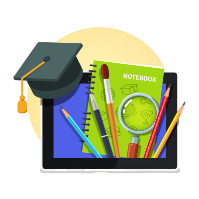 notebooks, pencils and graduation cap