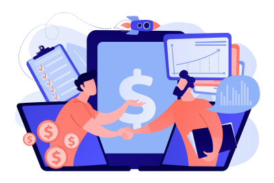 Two men shaking hands in front of charts and graphs.