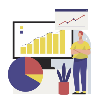 Man standing next to cactus and bar charts and pie graphs.