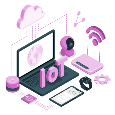 IOT letters on laptop with other purple network devices around it.