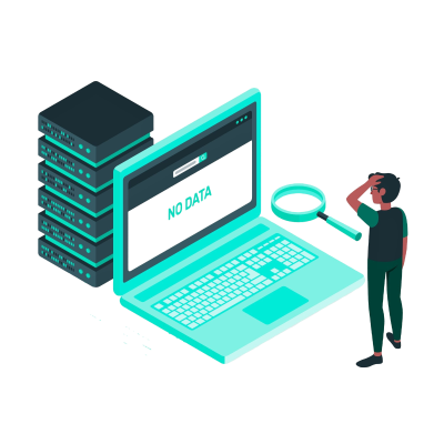 Man with magnifying glass looking at light green laptop in front of database cluster.