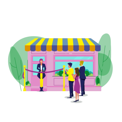 Three people standing in front of pink storefront with yellow and blue striped roof